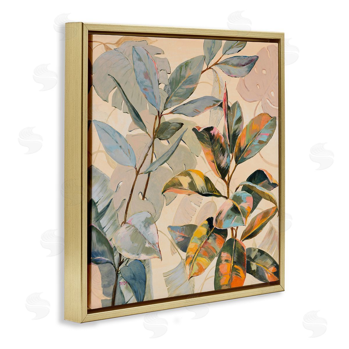 Tropical Leaves Warm Tones Gold Floating Frame Canvas Wall Art, Home Decor by Dusza