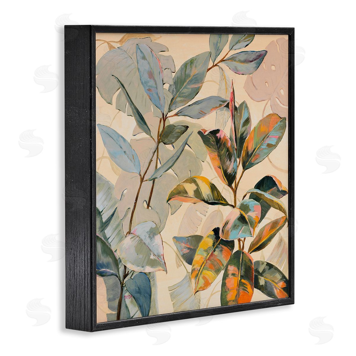 Tropical Leaves Warm Tones Black Frame Print Wall Art, Home Decor by Dusza
