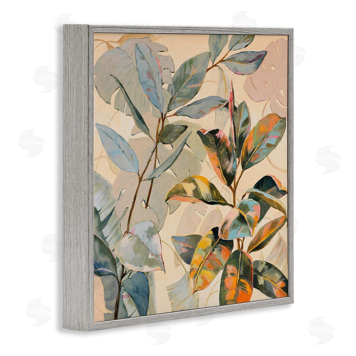Tropical Leaves Warm Tones Grey Frame Print Wall Art, Home Decor by Dusza