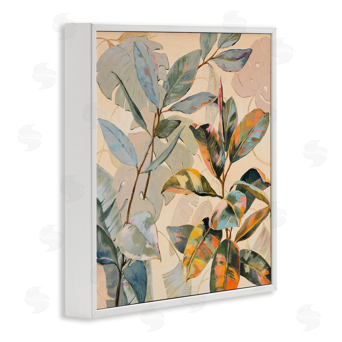 Tropical Leaves Warm Tones White Frame Print Wall Art, Home Decor by Dusza