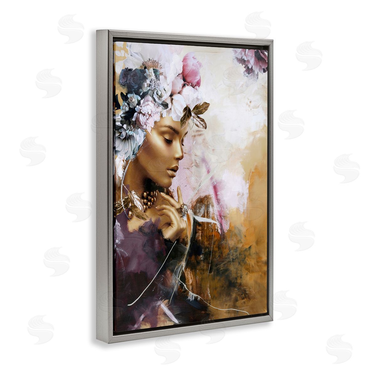 Elegant Woman & Florals Grey Floating Frame Canvas Wall Art, Home Decor by Design Fabrikken