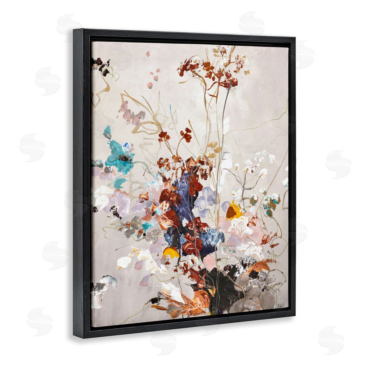 Earth Tones Floral Abstraction Black Floating Frame Canvas Wall Art, Home Decor by Design Fabrikken