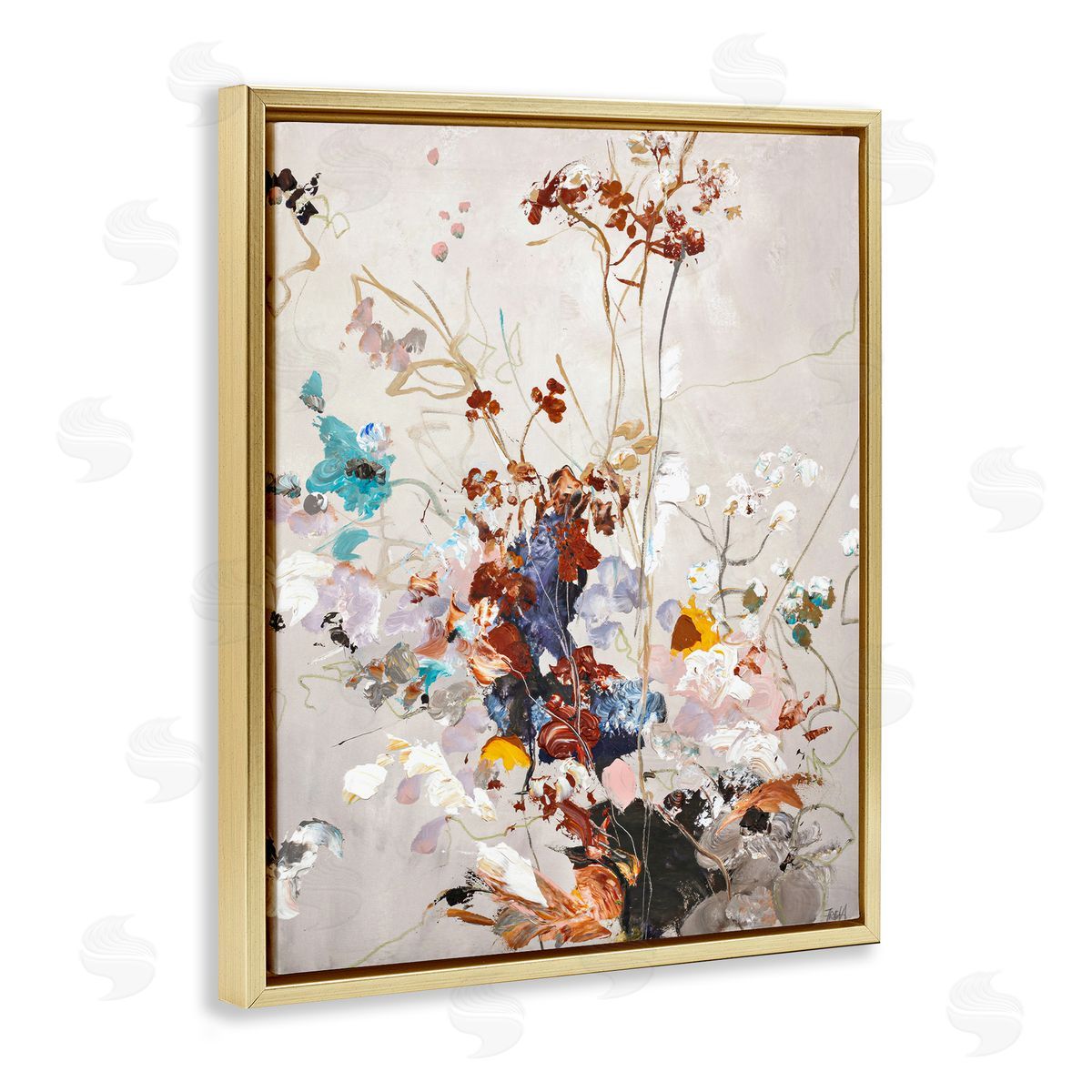 Earth Tones Floral Abstraction Gold Floating Frame Canvas Wall Art, Home Decor by Design Fabrikken