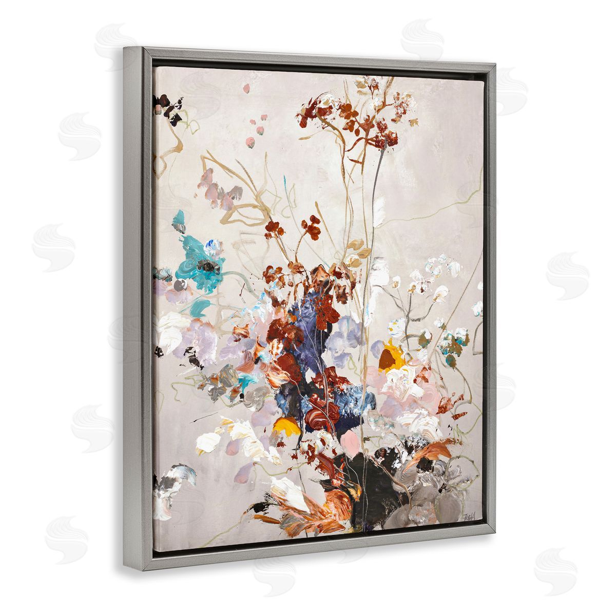 Earth Tones Floral Abstraction Grey Floating Frame Canvas Wall Art, Home Decor by Design Fabrikken