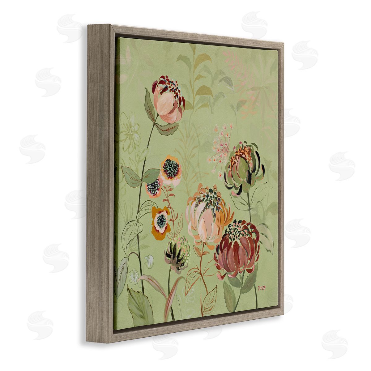 Curled Chrysanthemums on Green Brown Floating Frame Canvas Wall Art, Home Decor by Dusza