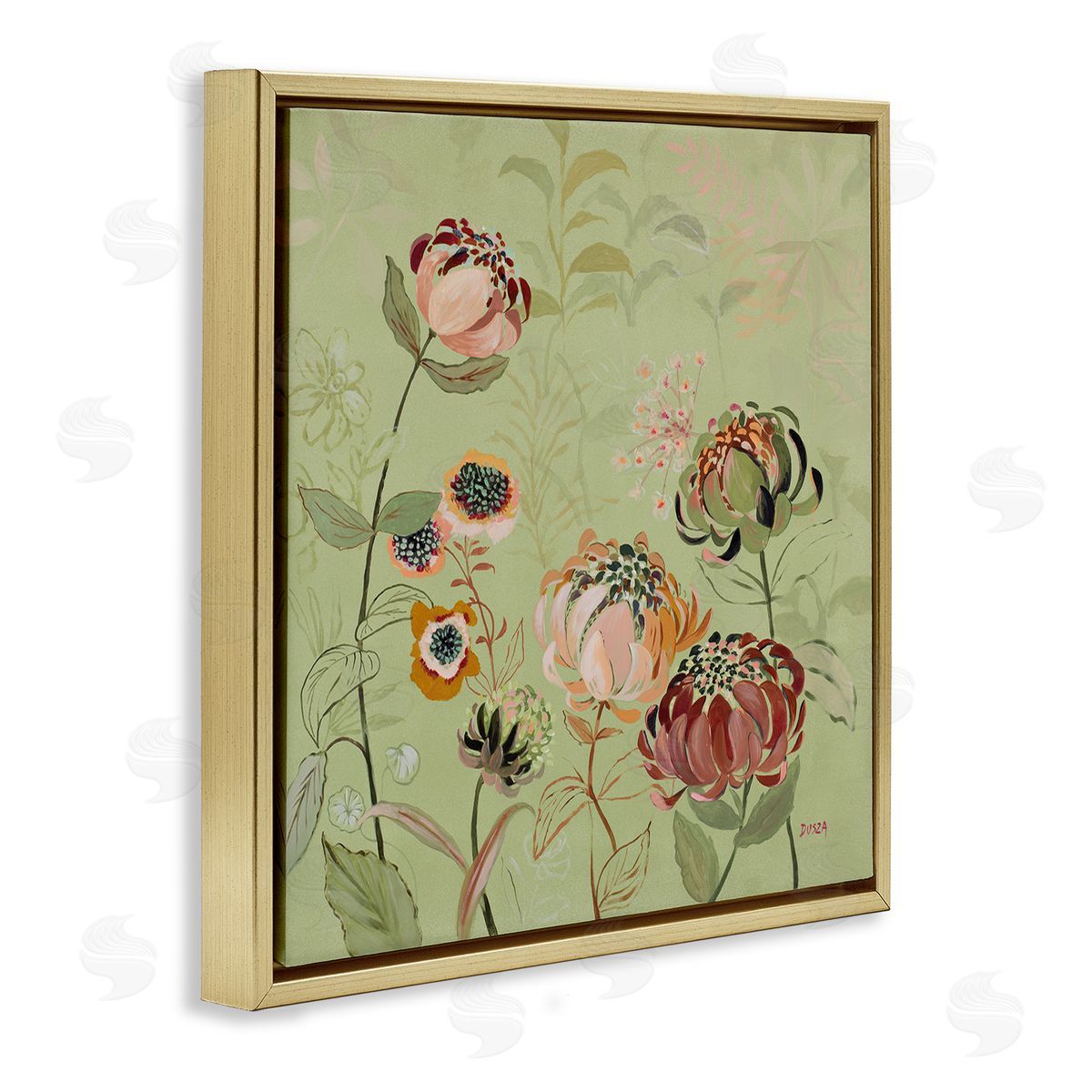 Curled Chrysanthemums on Green Gold Floating Frame Canvas Wall Art, Home Decor by Dusza