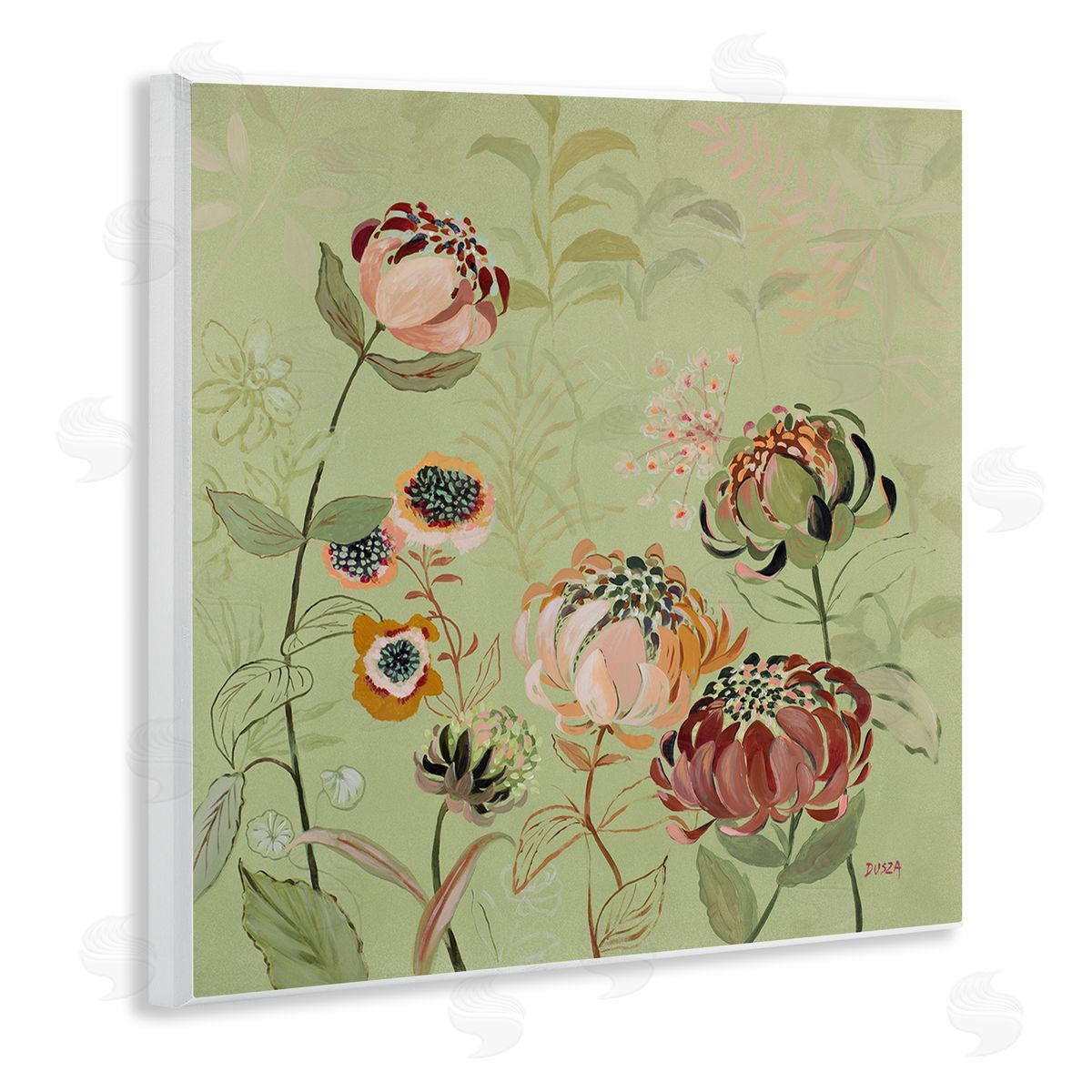Curled Chrysanthemums on Green Wood Plaque Wall Art, Home Decor by Dusza