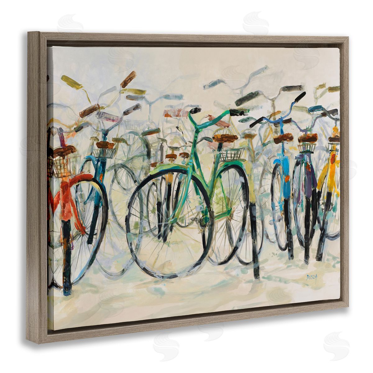 Group of Bicycles Brown Floating Frame Canvas Wall Art, Home Decor by Dusza