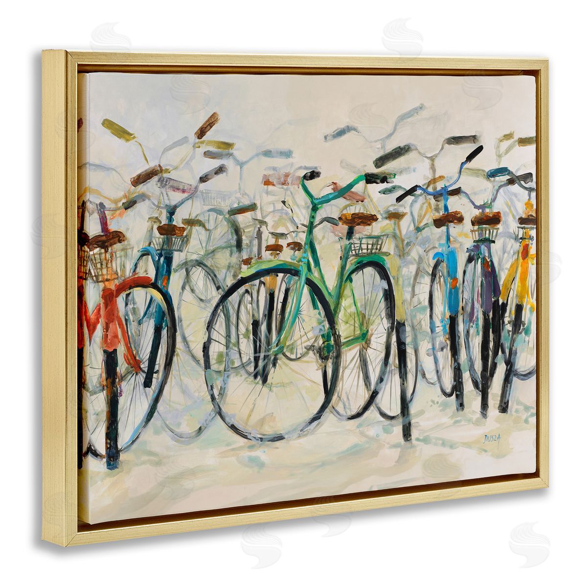 Group of Bicycles Gold Floating Frame Canvas Wall Art, Home Decor by Dusza