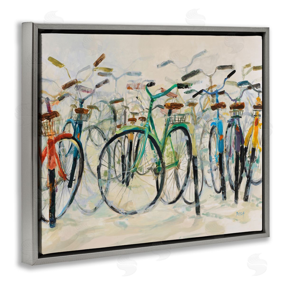 Group of Bicycles Grey Floating Frame Canvas Wall Art, Home Decor by Dusza