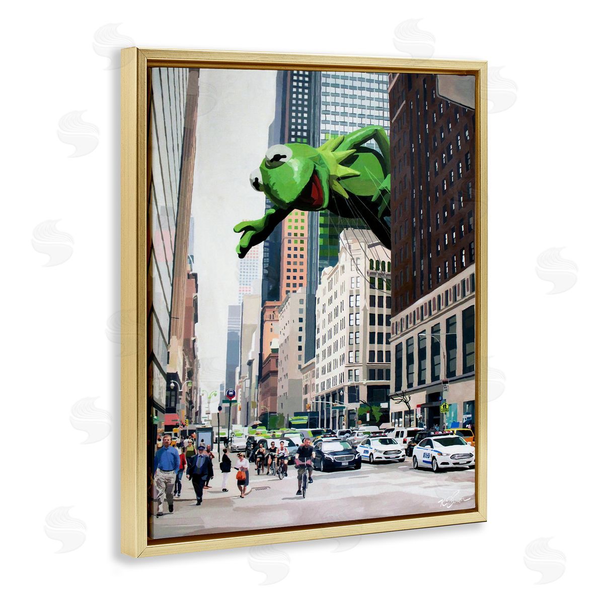 Frog Character over City Gold Floating Frame Canvas Wall Art, Home Decor by Keith Thomson