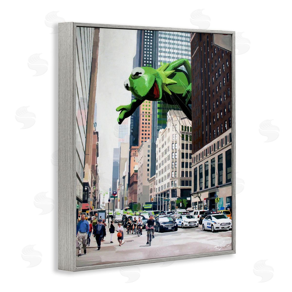 Frog Character over City Grey Frame Print Wall Art, Home Decor by Keith Thomson