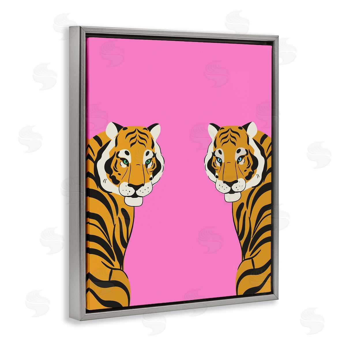 Bold Mirrored Tigers on Pink Grey Floating Frame Canvas Wall Art, Home Decor by House of Lulu
