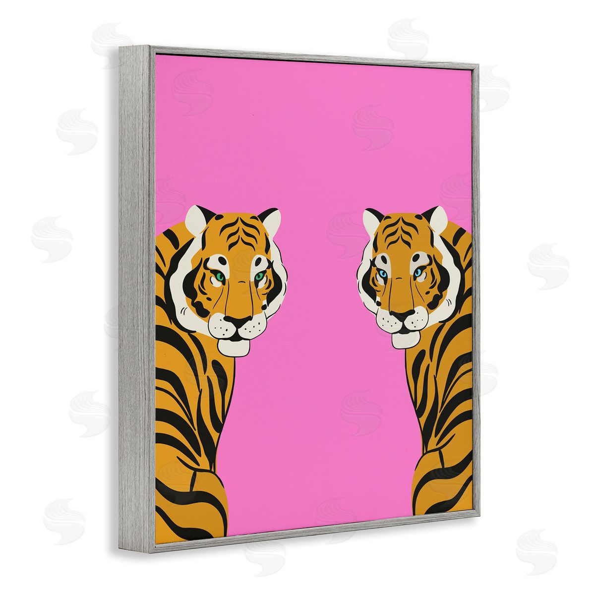 Bold Mirrored Tigers on Pink Grey Frame Print Wall Art, Home Decor by House of Lulu