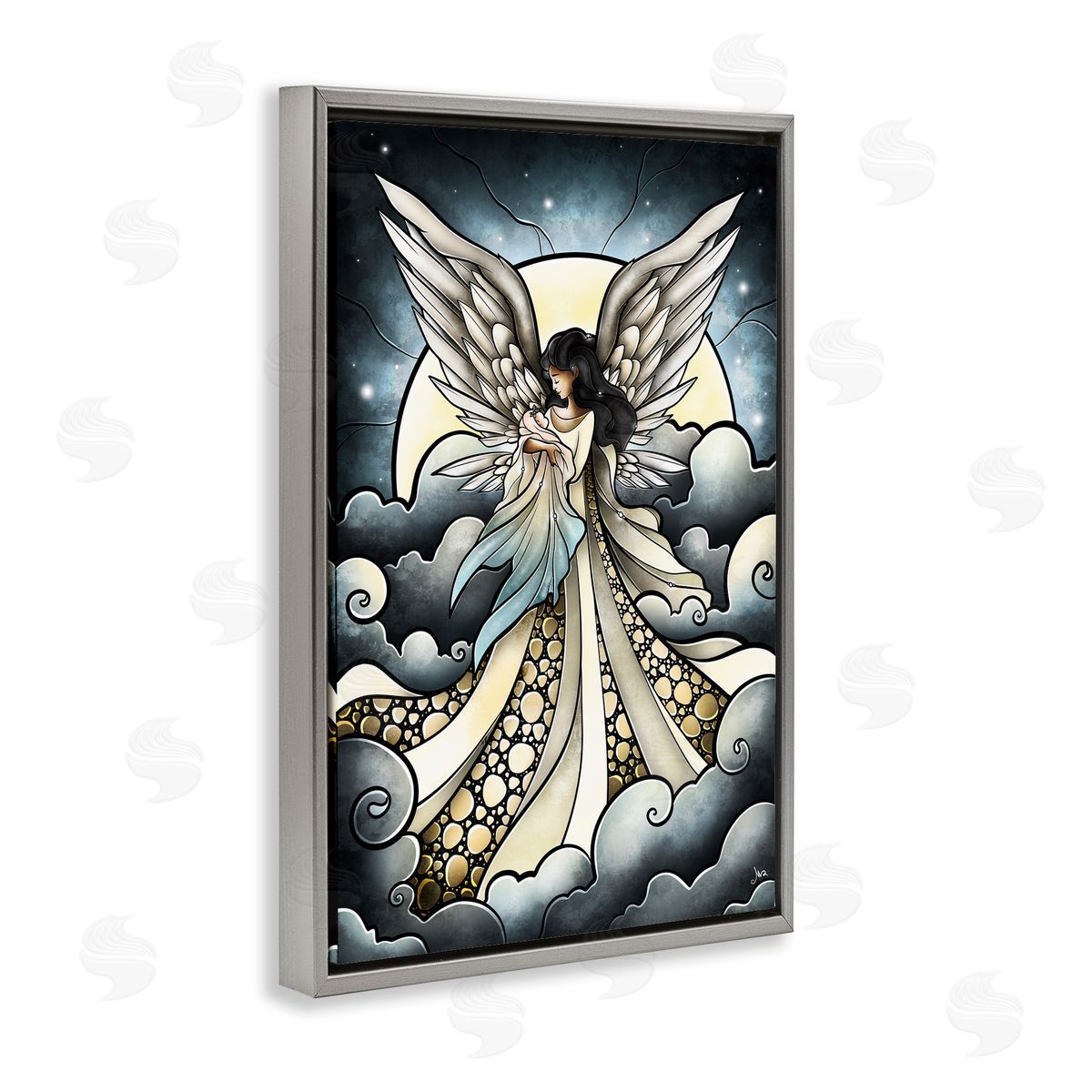Classic Angel & Baby in Clouds Grey Floating Frame Canvas Wall Art, Home Decor by Mandie Manzano