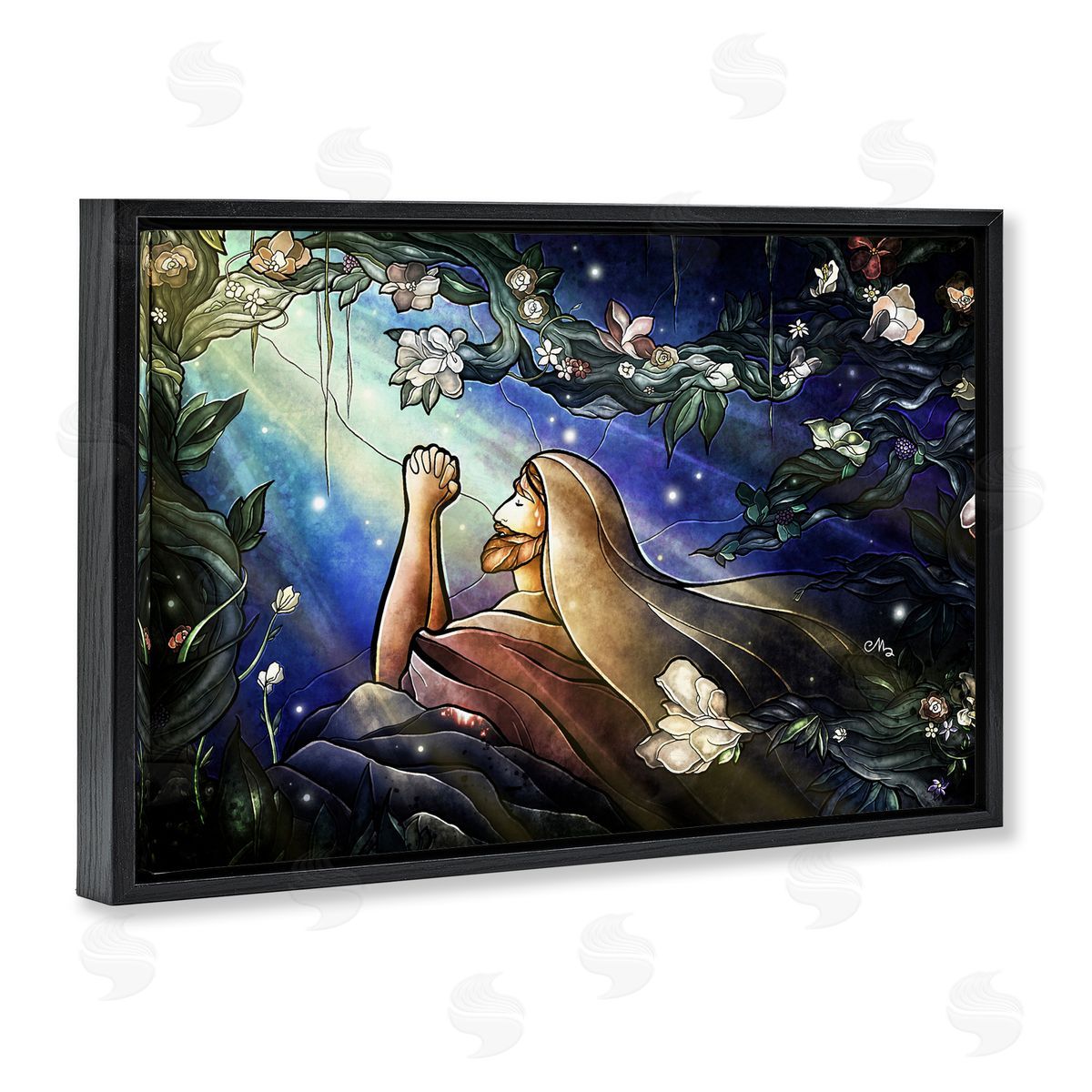 Religious Gethsemane Prayer Black Floating Frame Canvas Wall Art, Home Decor by Mandie Manzano