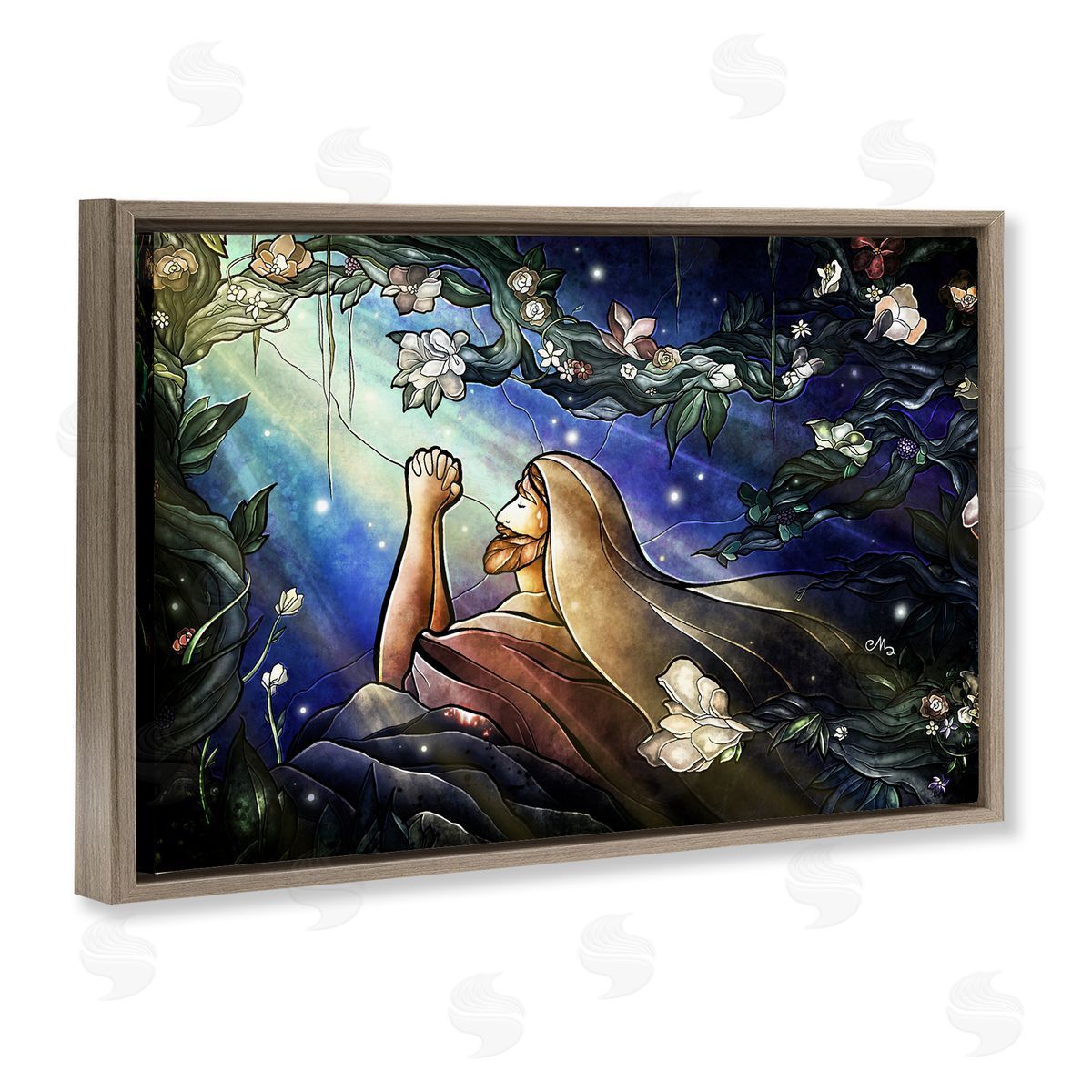 Religious Gethsemane Prayer Brown Floating Frame Canvas Wall Art, Home Decor by Mandie Manzano