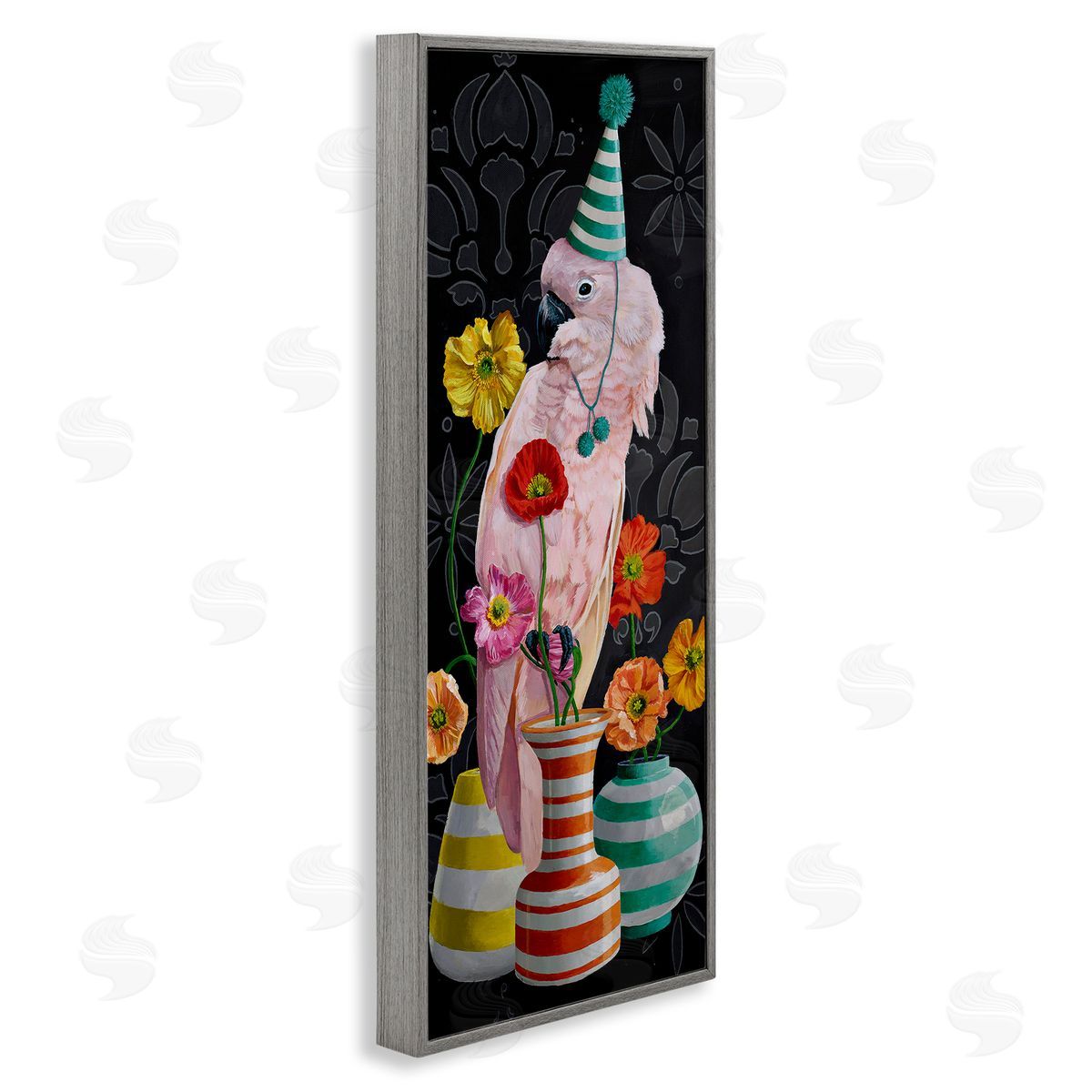 Cockatoo & Striped Vases Grey Frame Print Wall Art, Home Decor by Heather Gauthier