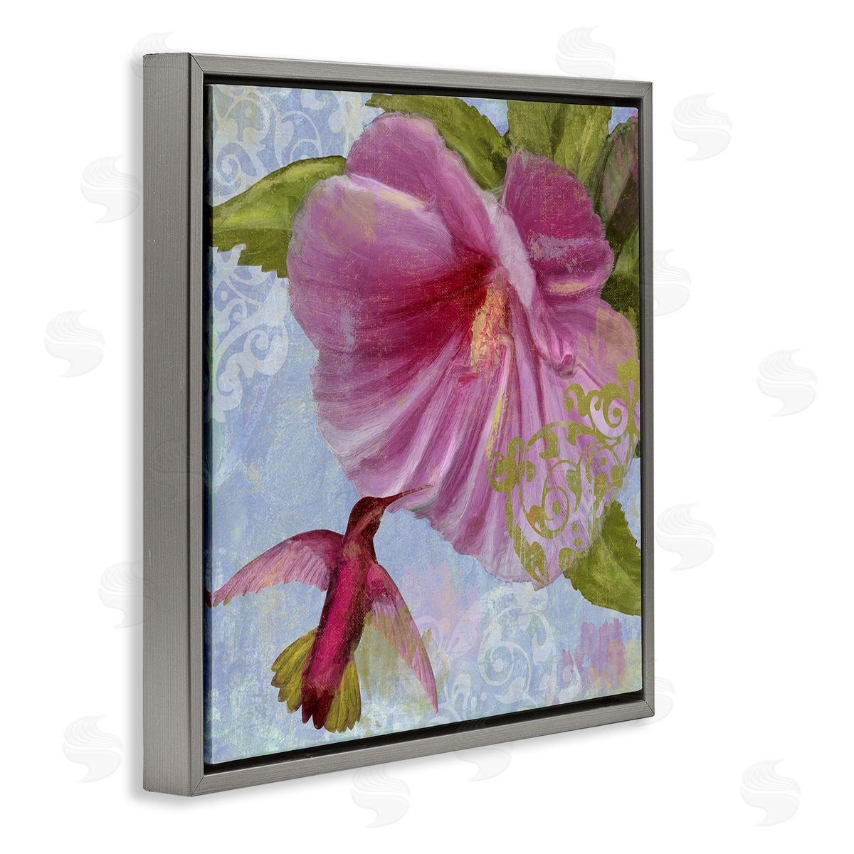 Hummingbird & Purple Poppy Grey Floating Frame Canvas Wall Art, Home Decor by Sasha