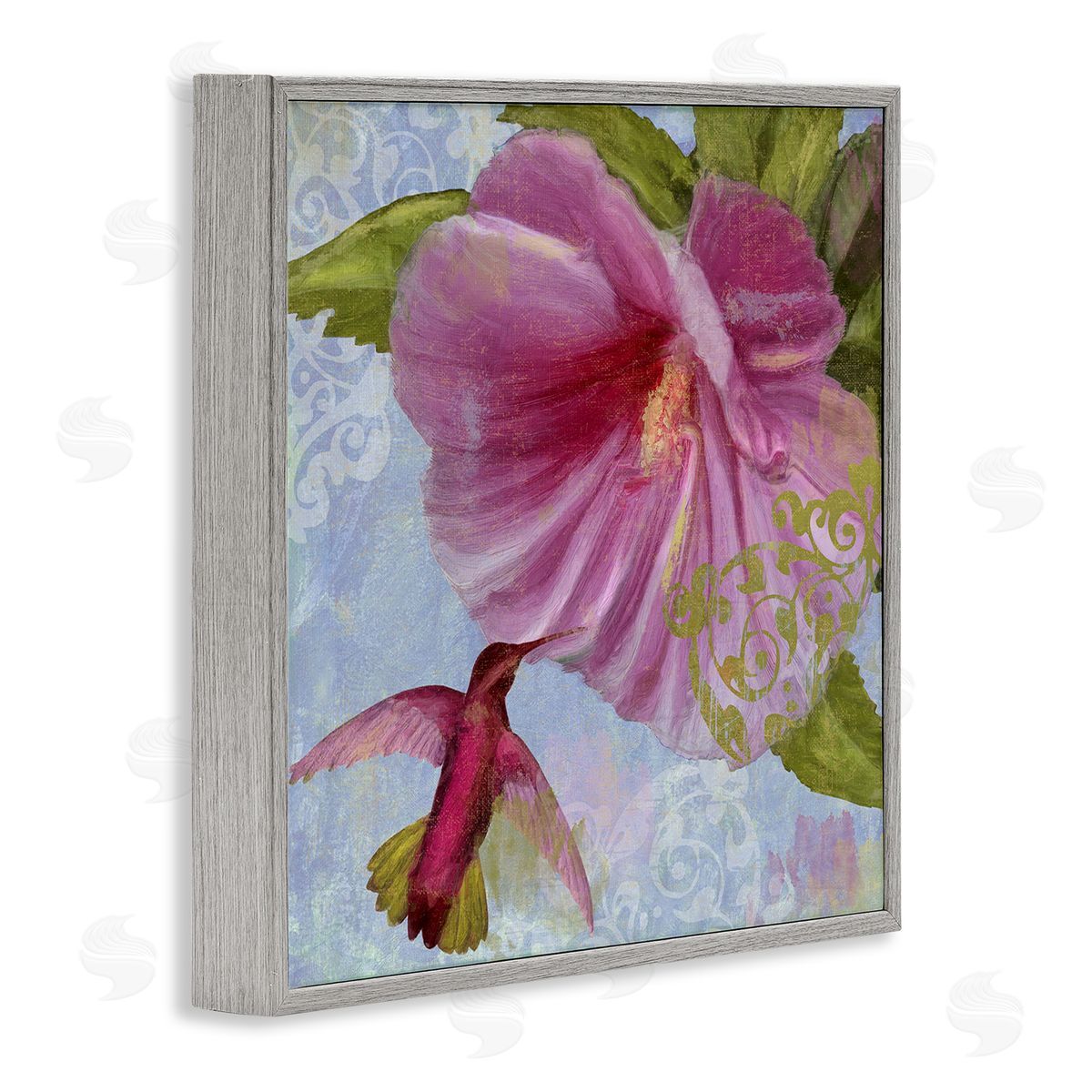 Hummingbird & Purple Poppy Grey Frame Print Wall Art, Home Decor by Sasha