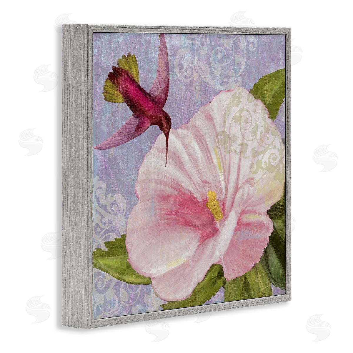 Hummingbird with White Flower Grey Frame Print Wall Art, Home Decor by Sasha