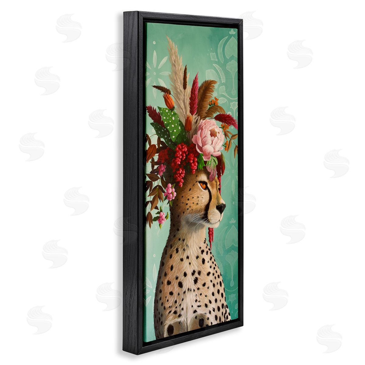 Elegant Leopard with Flower Arrangement Black Floating Frame Canvas Wall Art, Home Decor by Heather Gauthier