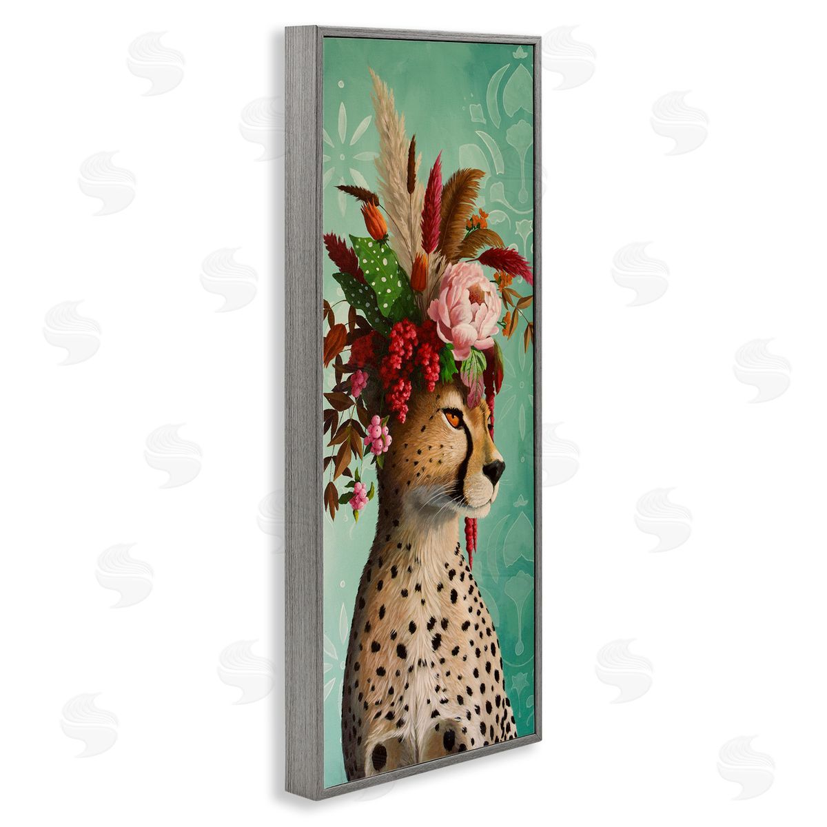 Elegant Leopard with Flower Arrangement Grey Frame Print Wall Art, Home Decor by Heather Gauthier