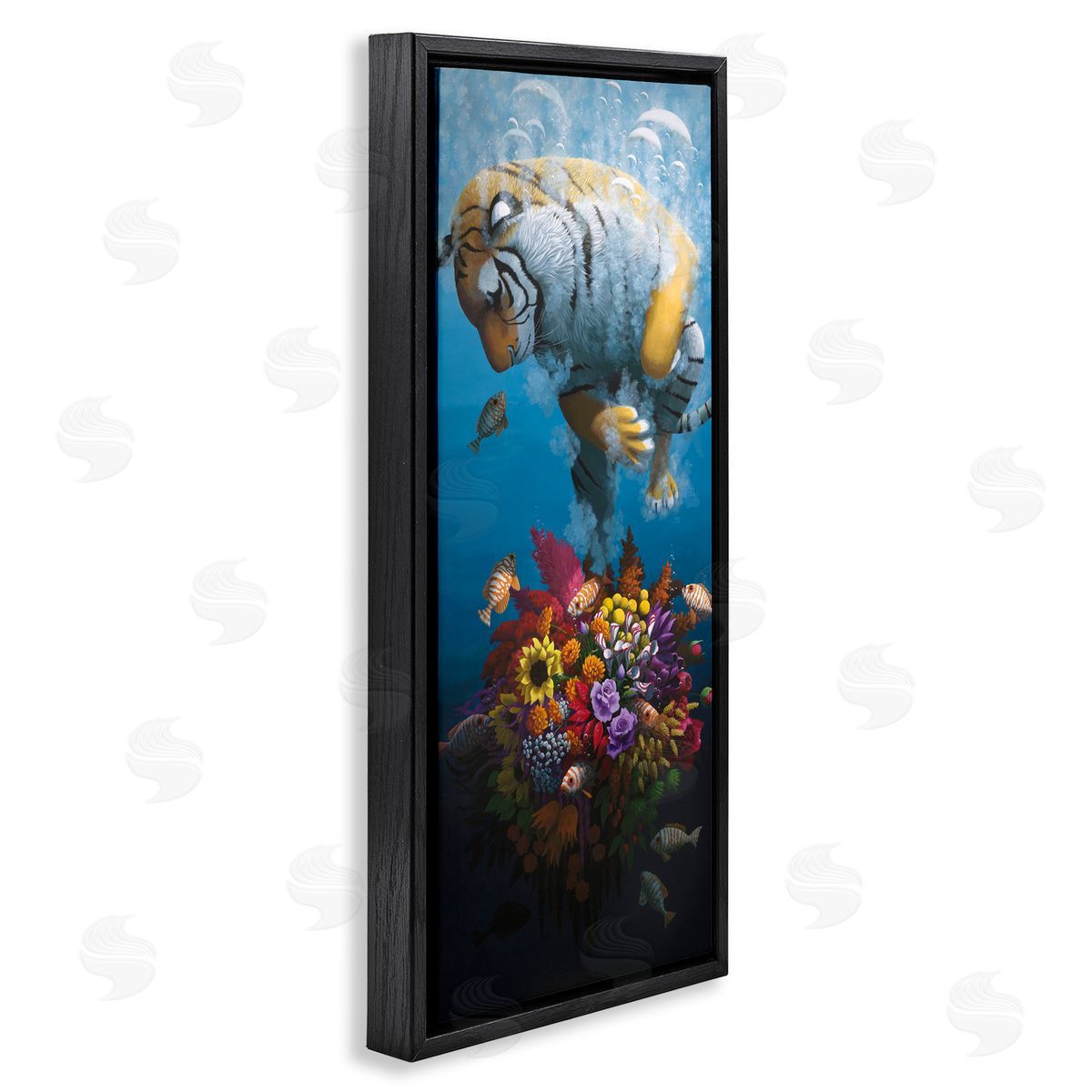 Curious Tiger & Underwater Bouquet Black Floating Frame Canvas Wall Art, Home Decor by Heather Gauthier