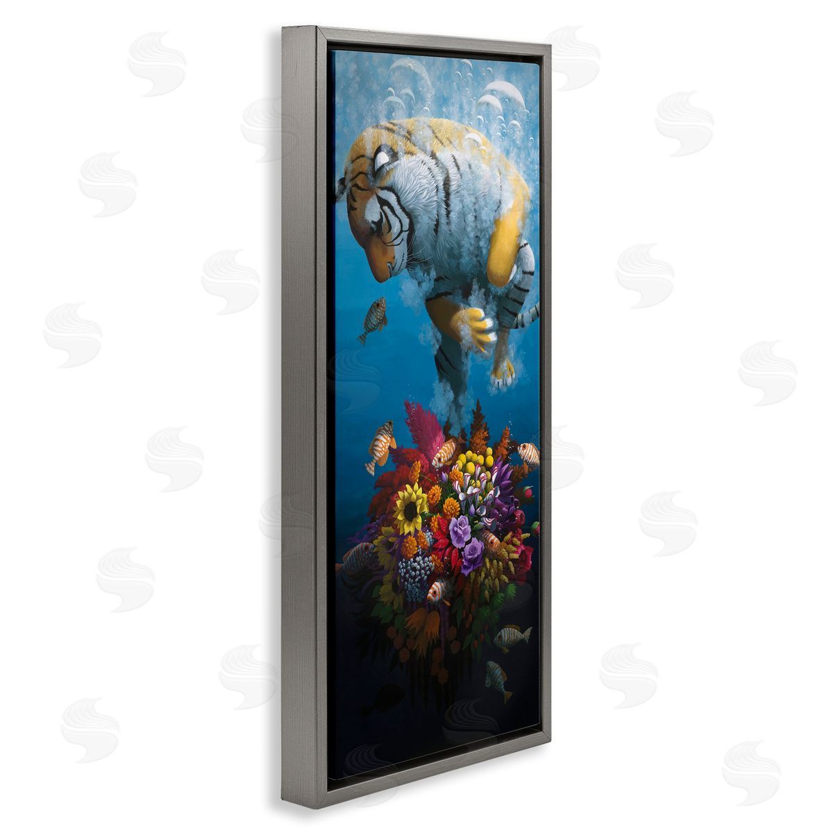 Curious Tiger & Underwater Bouquet Grey Floating Frame Canvas Wall Art, Home Decor by Heather Gauthier