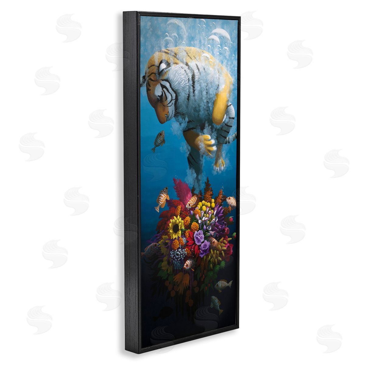 Curious Tiger & Underwater Bouquet Black Frame Print Wall Art, Home Decor by Heather Gauthier