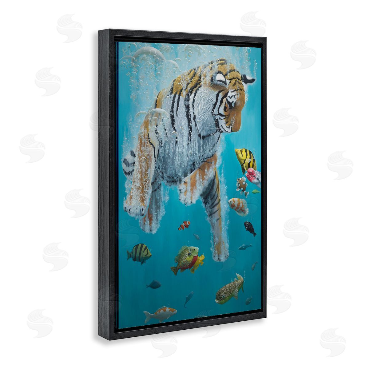 Swimming Tiger Among Fish Black Floating Frame Canvas Wall Art, Home Decor by Heather Gauthier