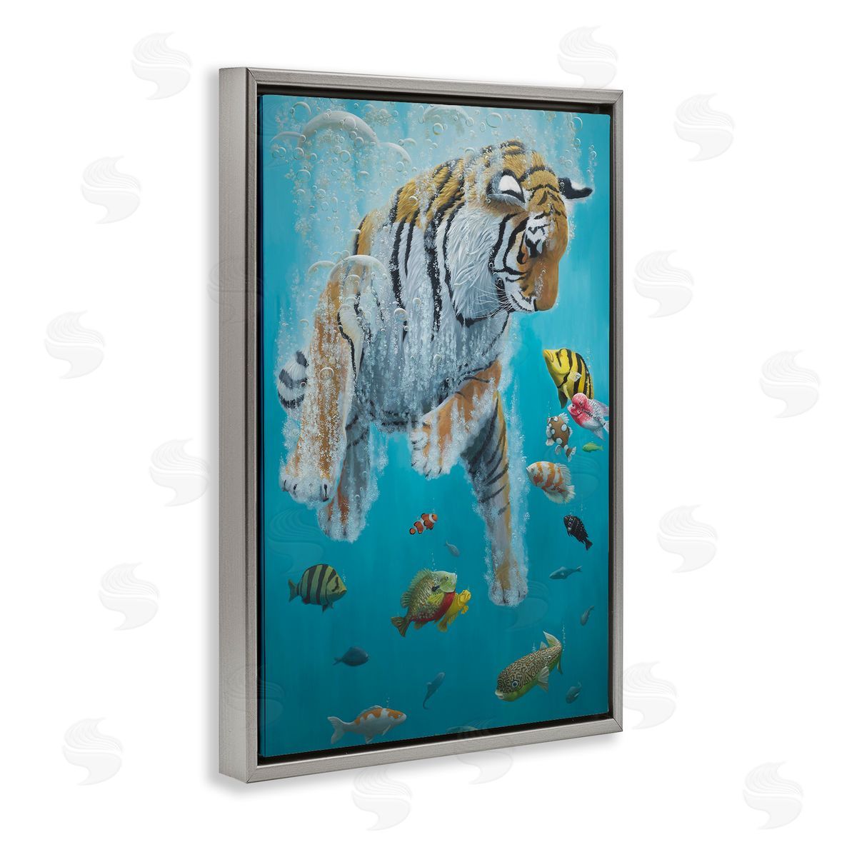 Swimming Tiger Among Fish Grey Floating Frame Canvas Wall Art, Home Decor by Heather Gauthier
