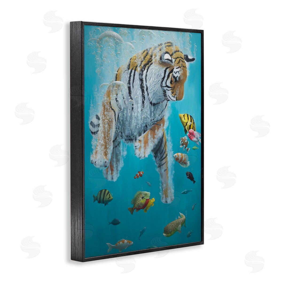 Swimming Tiger Among Fish Black Frame Print Wall Art, Home Decor by Heather Gauthier