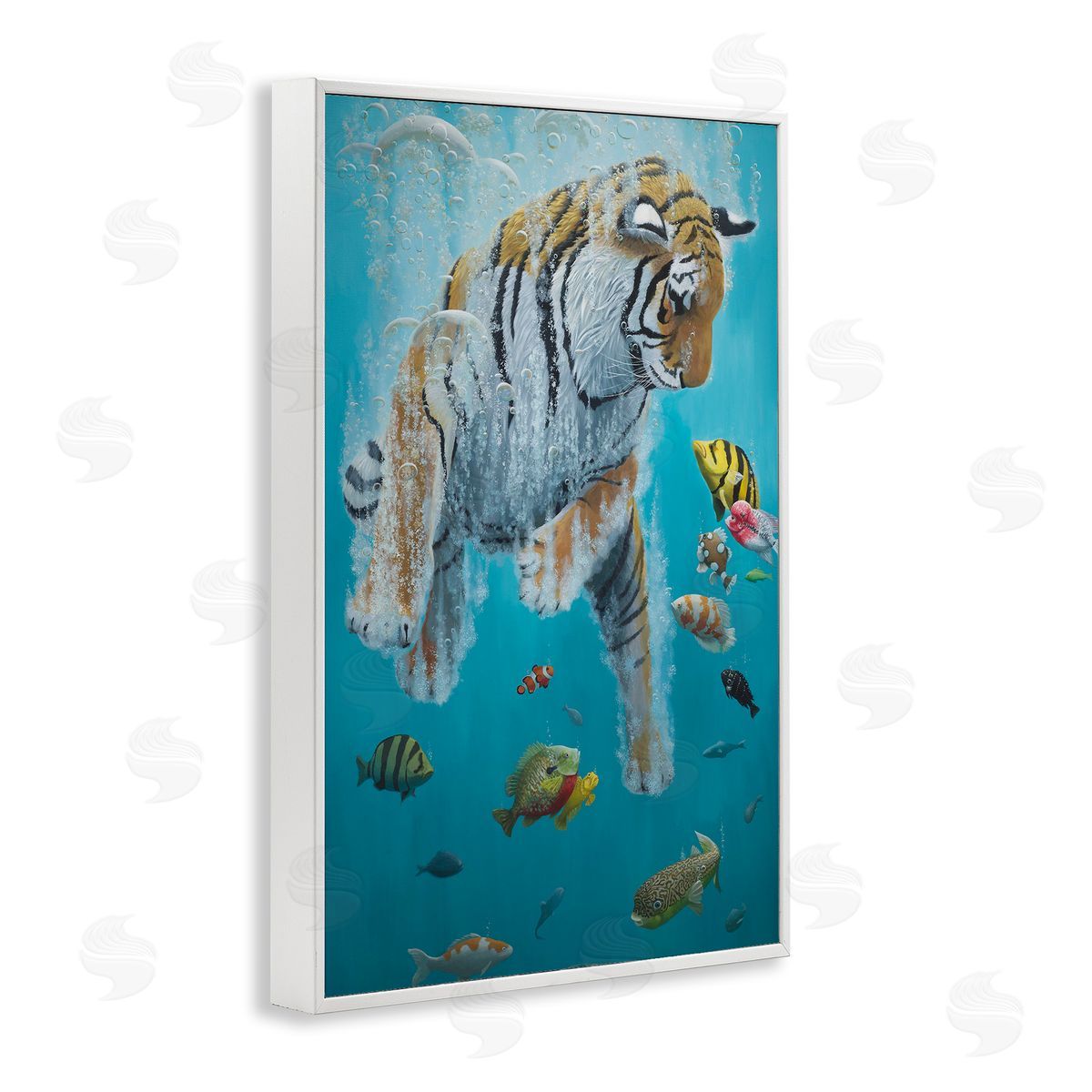 Swimming Tiger Among Fish White Frame Print Wall Art, Home Decor by Heather Gauthier