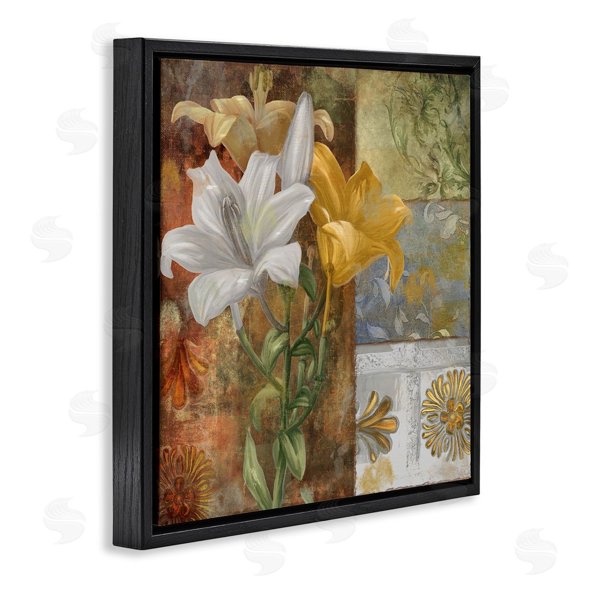 Blooming Lilies on Tile Pattern Black Floating Frame Canvas Wall Art, Home Decor by Sasha
