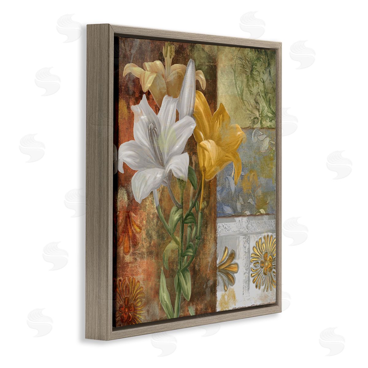 Blooming Lilies on Tile Pattern Brown Floating Frame Canvas Wall Art, Home Decor by Sasha