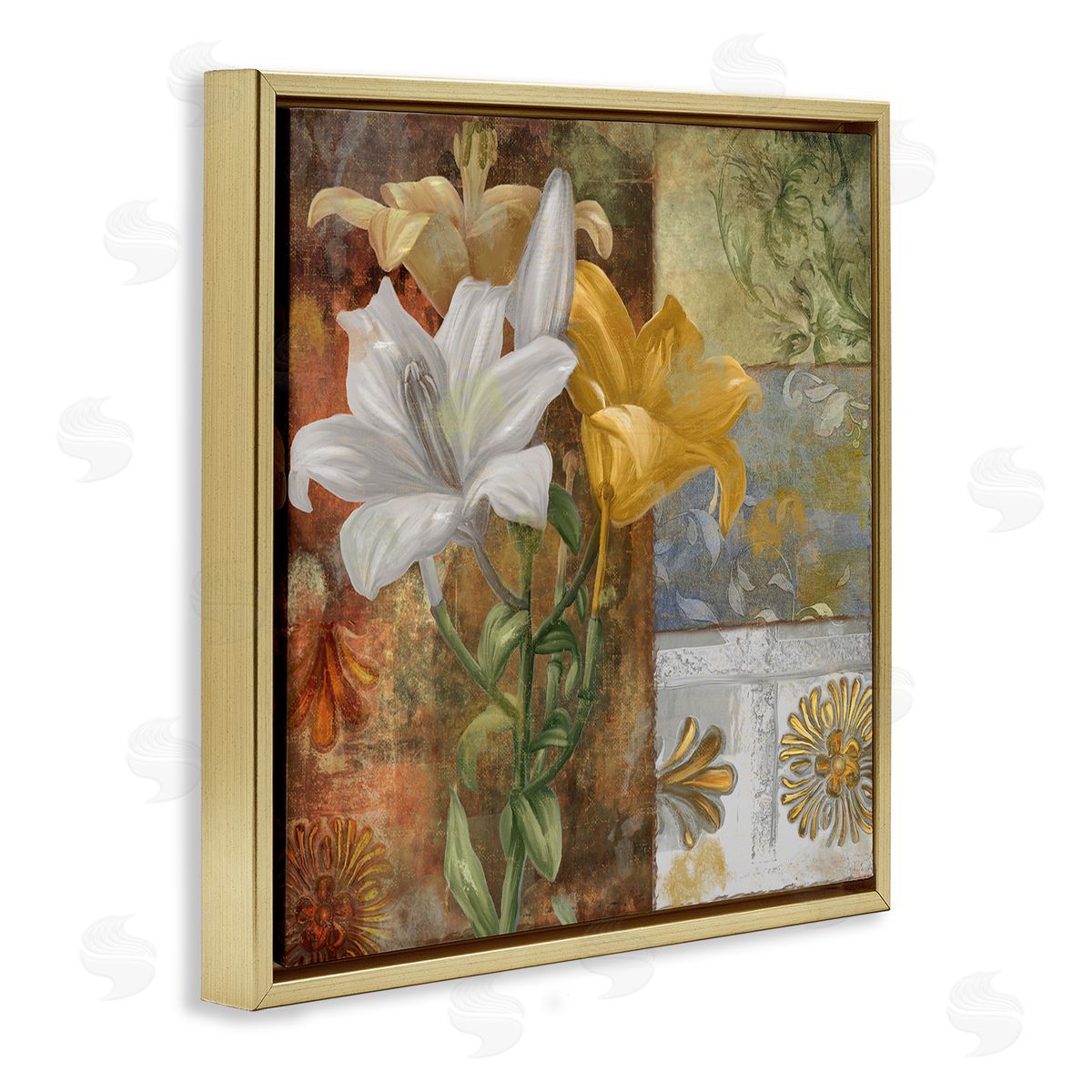 Blooming Lilies on Tile Pattern Gold Floating Frame Canvas Wall Art, Home Decor by Sasha