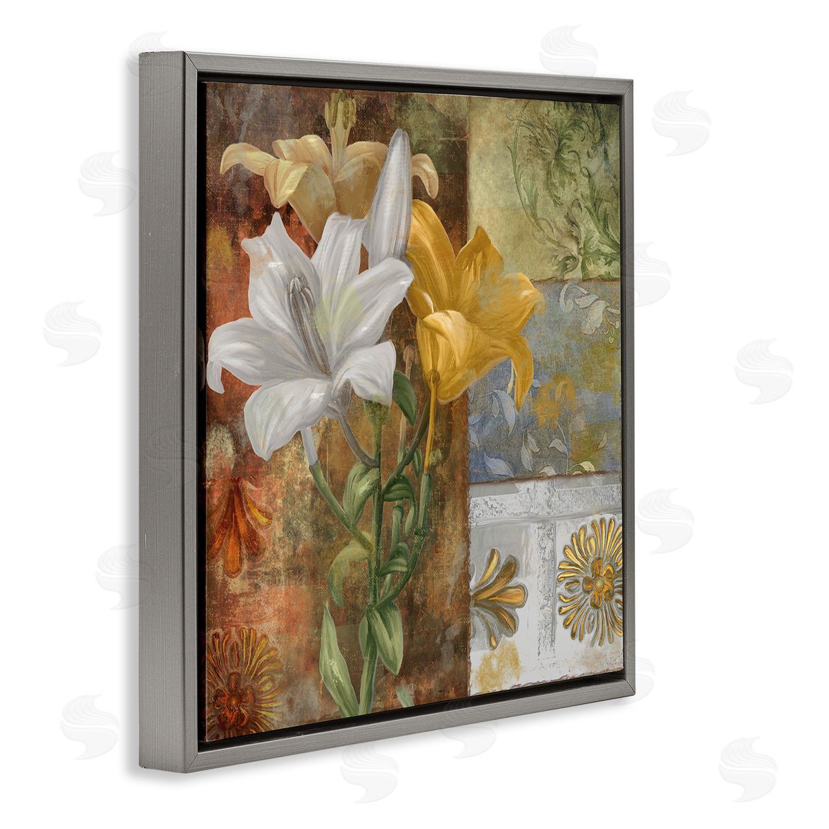 Blooming Lilies on Tile Pattern Grey Floating Frame Canvas Wall Art, Home Decor by Sasha
