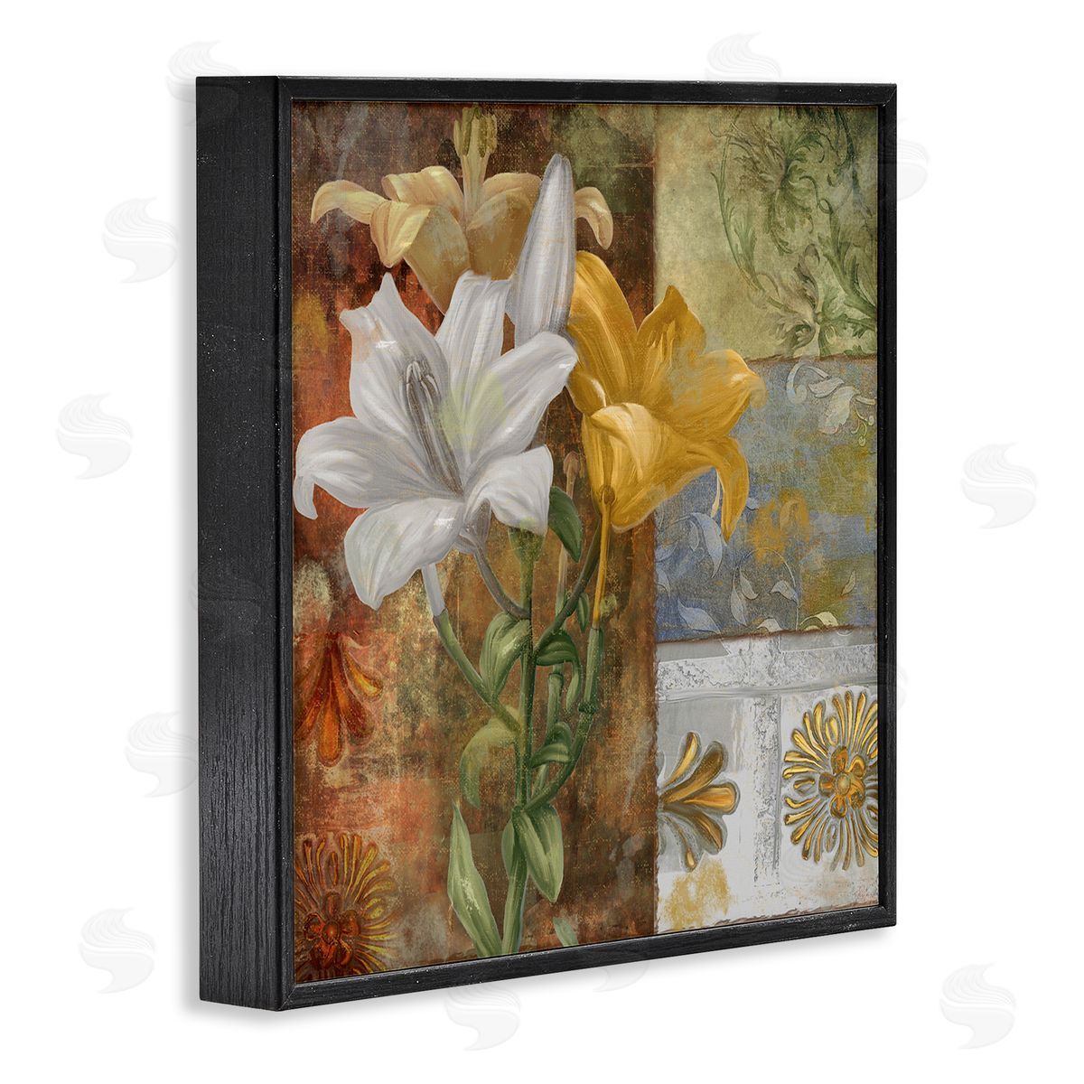Blooming Lilies on Tile Pattern Black Frame Print Wall Art, Home Decor by Sasha