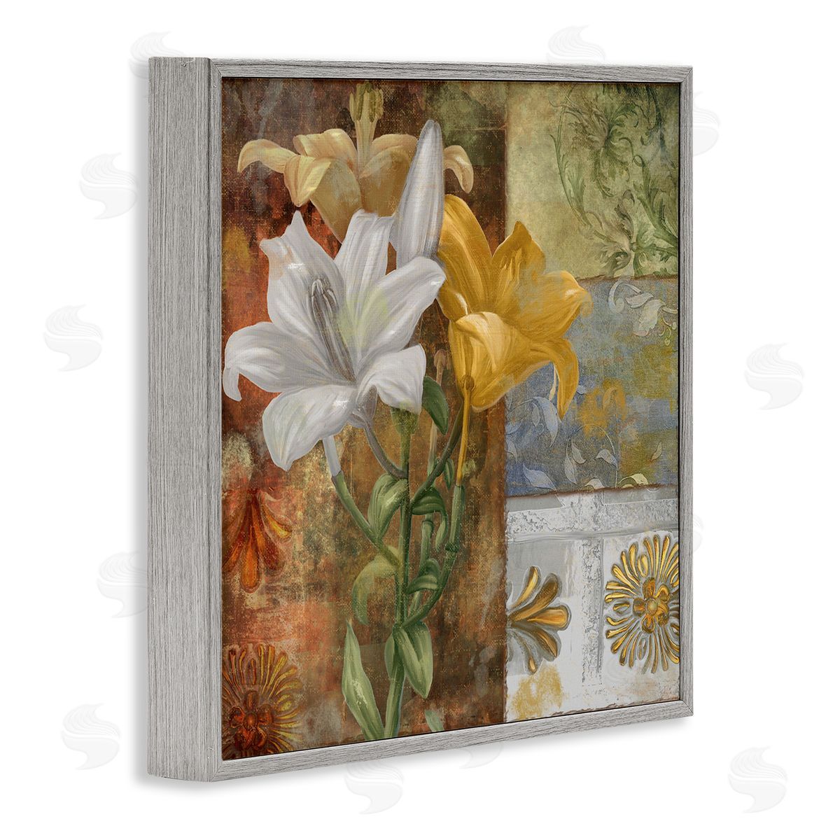 Blooming Lilies on Tile Pattern Grey Frame Print Wall Art, Home Decor by Sasha