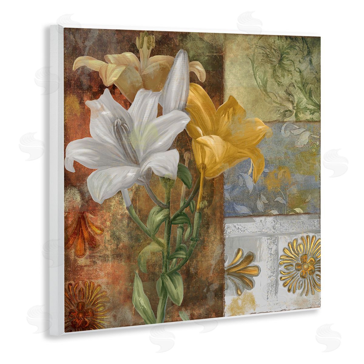 Blooming Lilies on Tile Pattern Wood Plaque Wall Art, Home Decor by Sasha