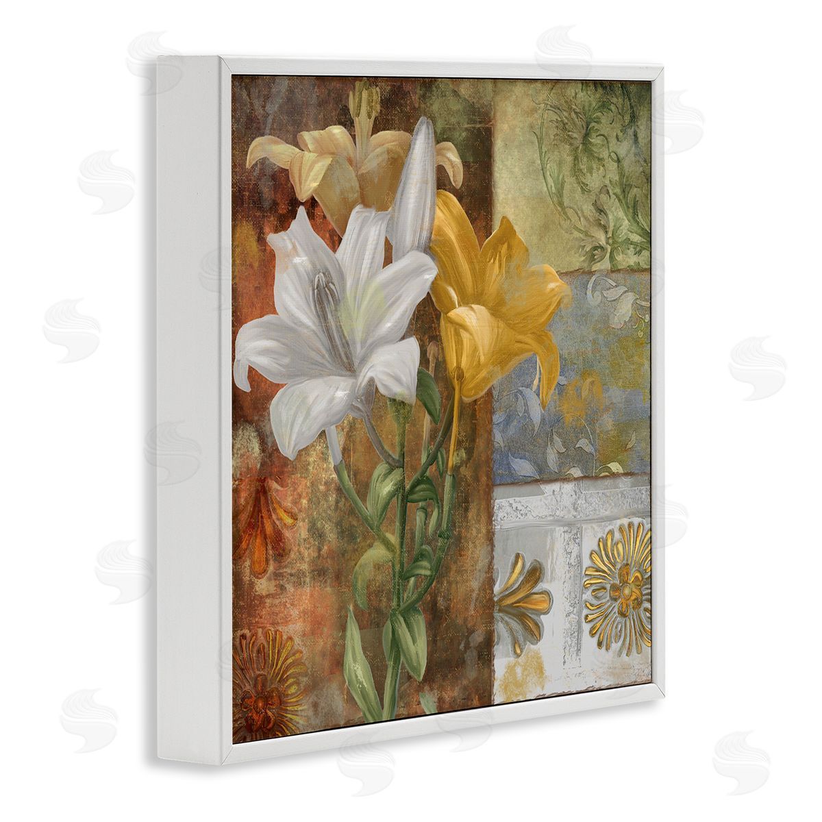 Blooming Lilies on Tile Pattern White Frame Print Wall Art, Home Decor by Sasha