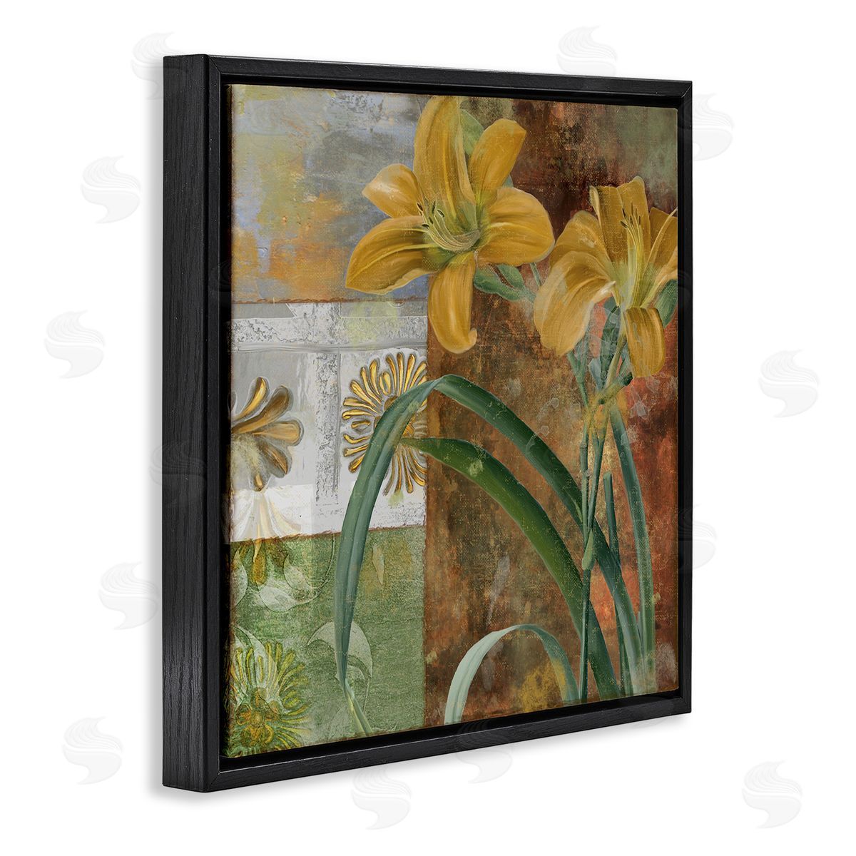 Yellow Lilies on Vintage Tile Black Floating Frame Canvas Wall Art, Home Decor by Sasha