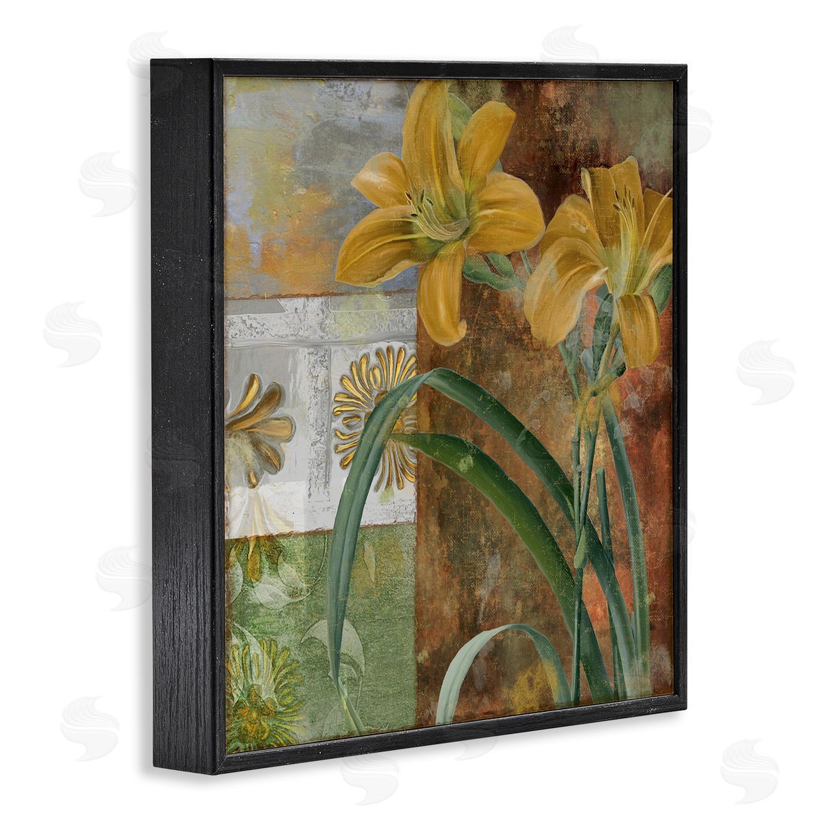 Yellow Lilies on Vintage Tile Black Frame Print Wall Art, Home Decor by Sasha