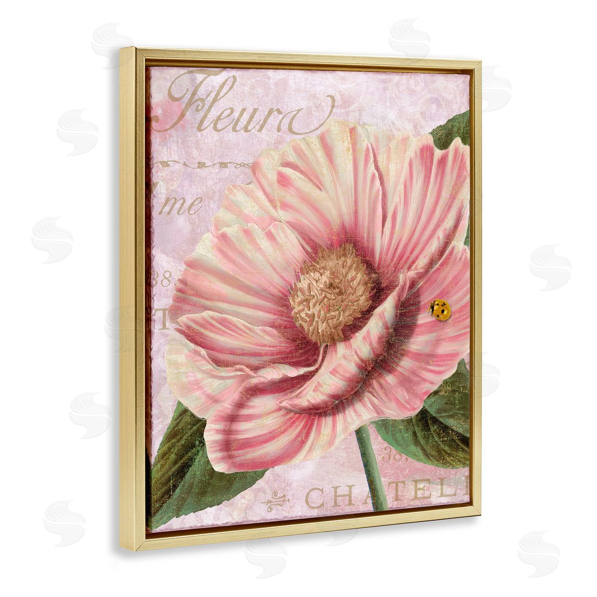 French Flower & Ladybug Gold Floating Frame Canvas Wall Art, Home Decor by Sasha