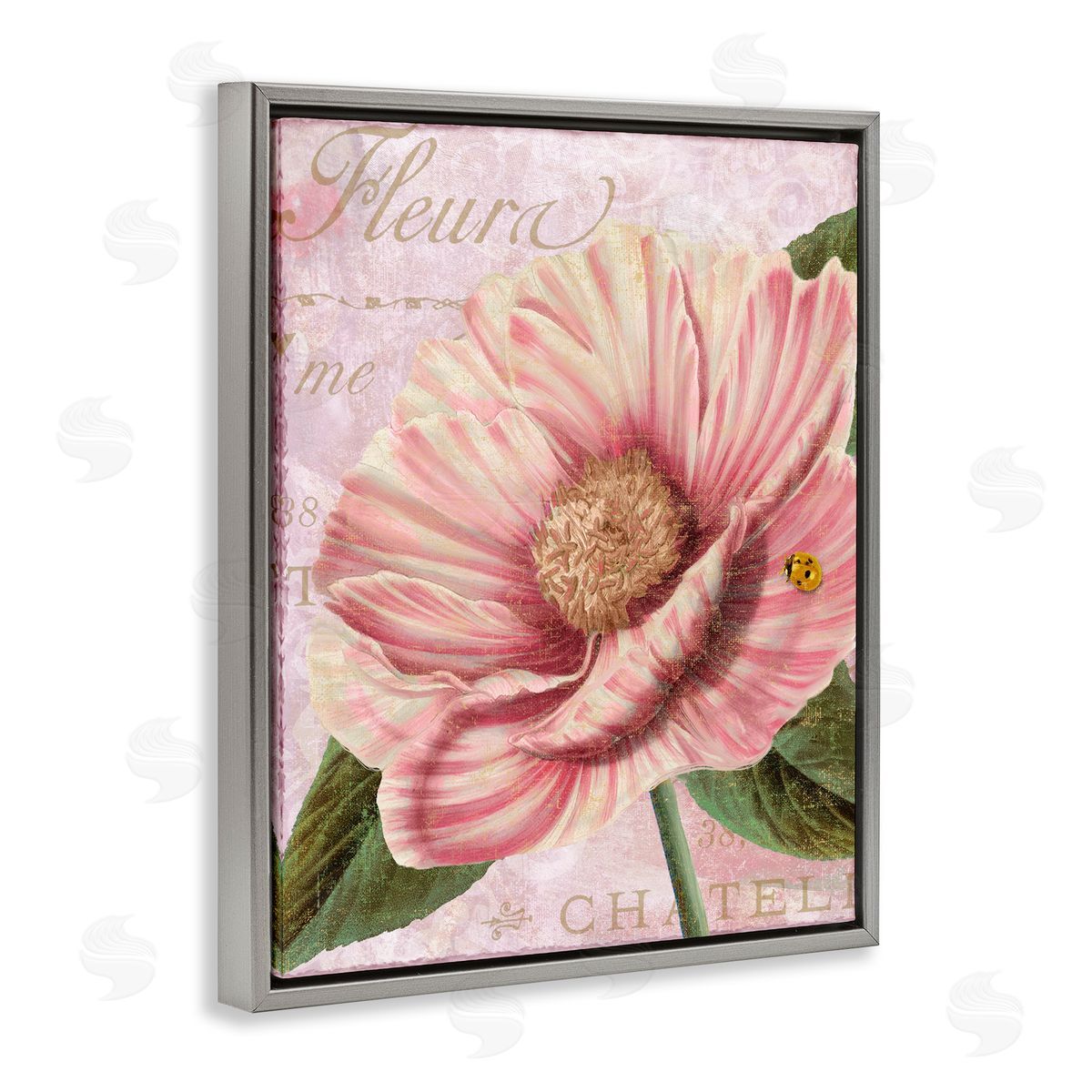 French Flower & Ladybug Grey Floating Frame Canvas Wall Art, Home Decor by Sasha