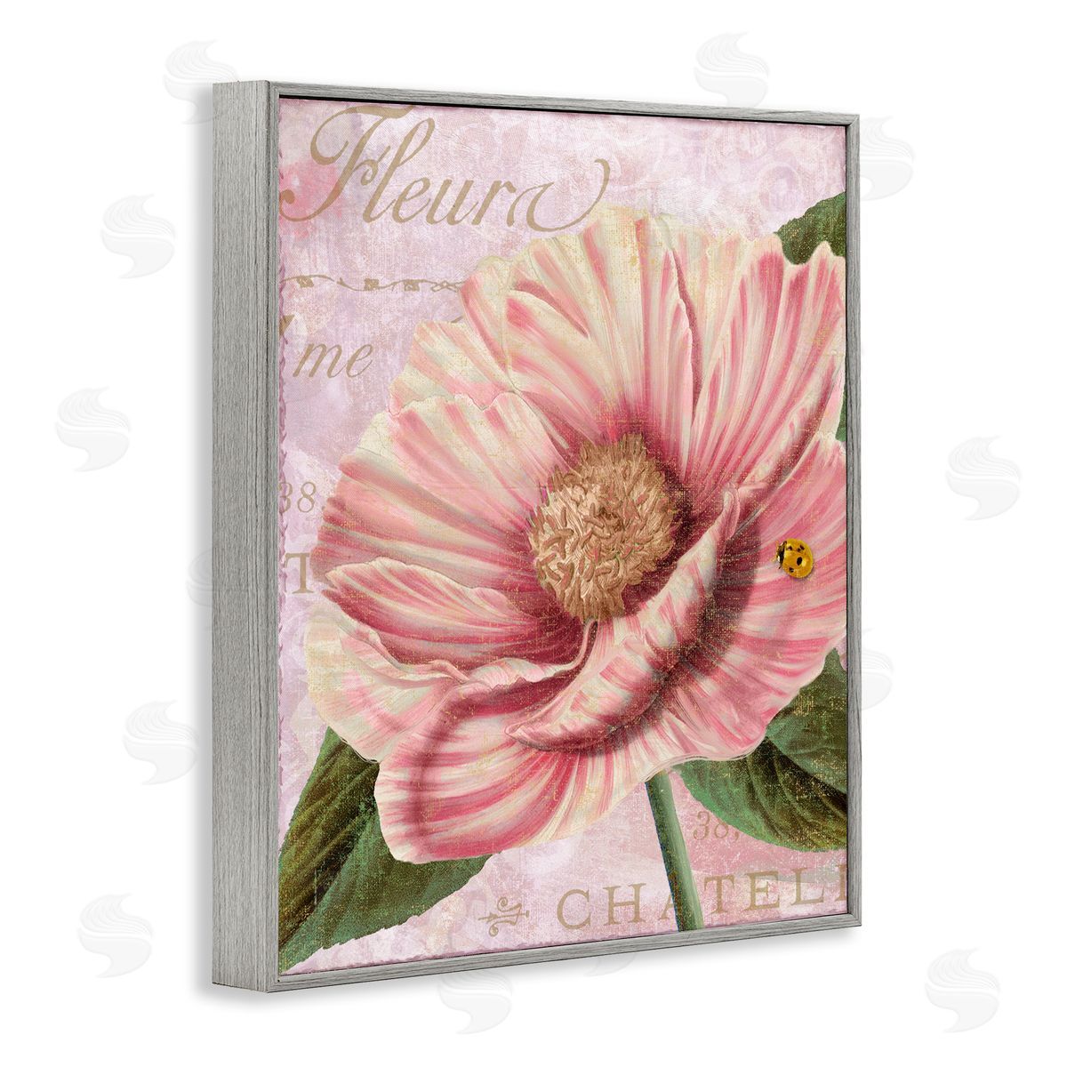 French Flower & Ladybug Grey Frame Print Wall Art, Home Decor by Sasha