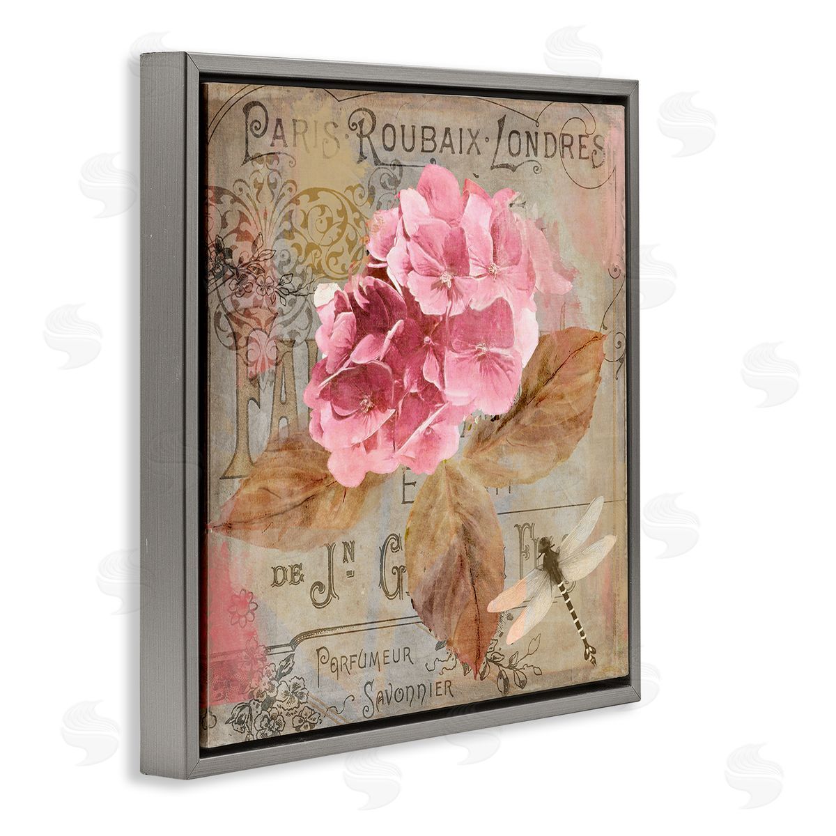 Vintage French Hydrangea Grey Floating Frame Canvas Wall Art, Home Decor by Sasha