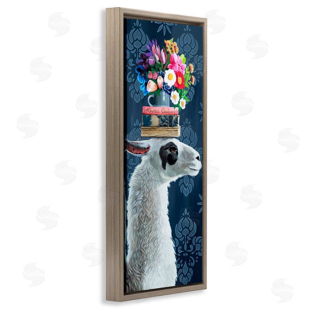 Llama with Book & Flower Arrangement Brown Floating Frame Canvas Wall Art, Home Decor by Heather Gauthier