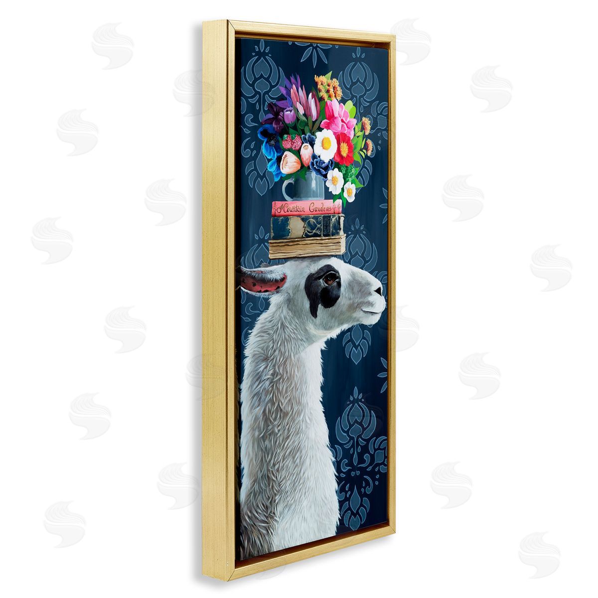 Llama with Book & Flower Arrangement Gold Floating Frame Canvas Wall Art, Home Decor by Heather Gauthier